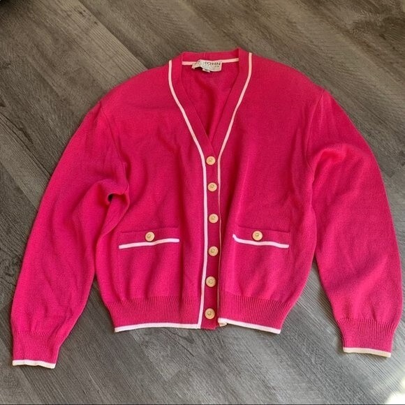 St. John Pink Cardigan Sweater Women’s M Gold Buttons Contrast Trim Preppy - Picture 1 of 10